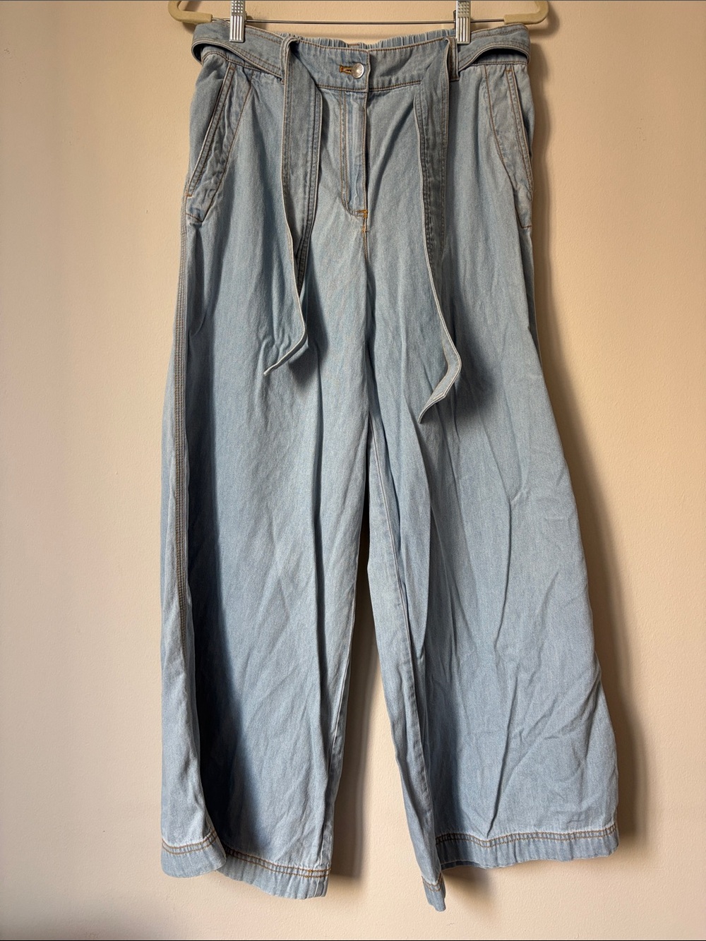 LOFT Light Blue Wide-Leg Chino Pants with Self Tie Belt